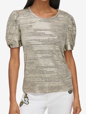 Karl Lagerfeld Paris Metallic Silver Puff Sleeve Top Size XL